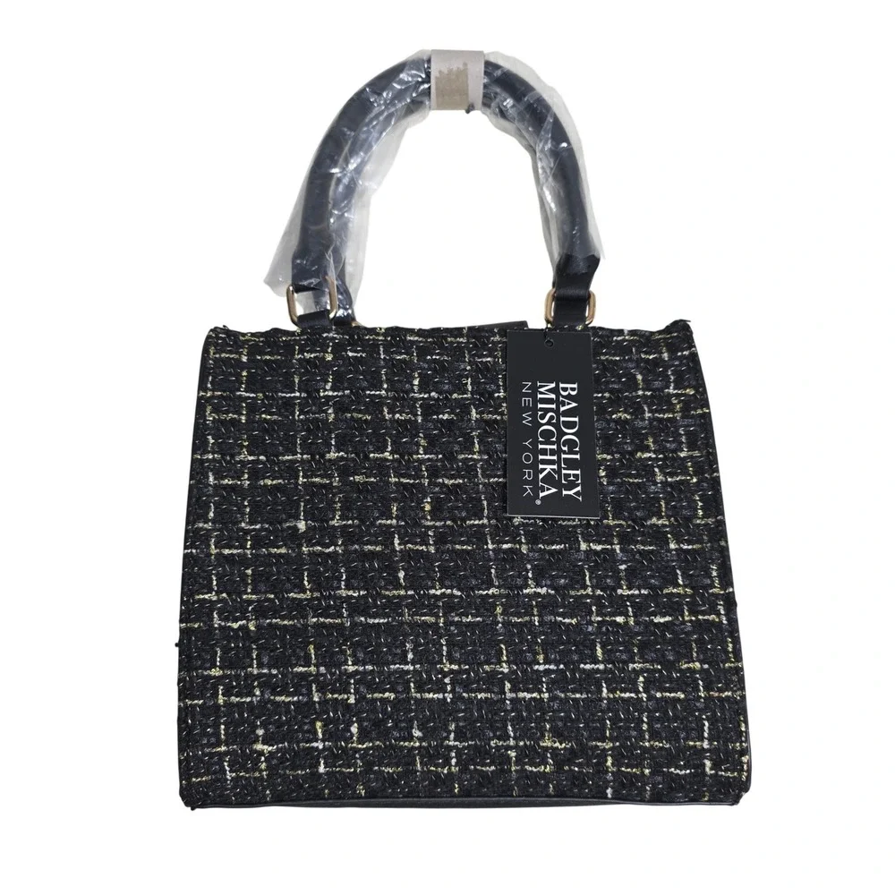 NWT Badgley Mischka New York The Tara Tweed Satchel Women Black Gold Handbag - Picture 8 of 9